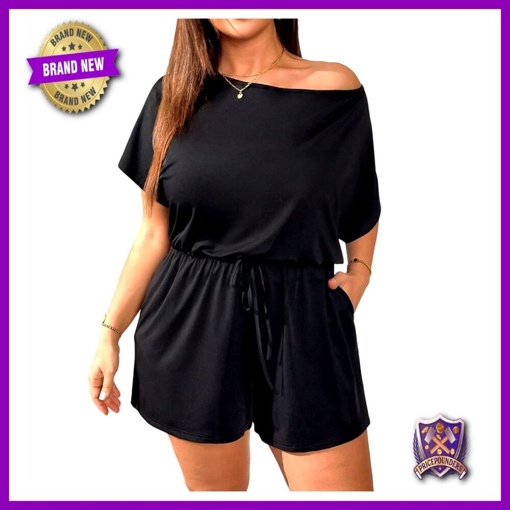 Plus Size Off Shoulder Romper with Pockets Summer Casual Jumpsuit
